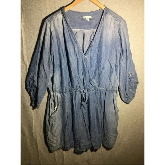 Womens Cato Romper Denim Cinch Waist V Neck Plunge Casual Cute Summer Spring - Picture 1 of 4